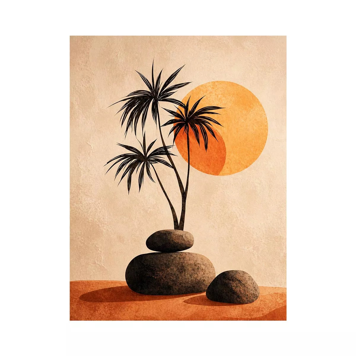 Minimalist desert sunset wall art with palm trees and stones, boho neutral decor for modern homes in California, Arizona, Dubai interiors