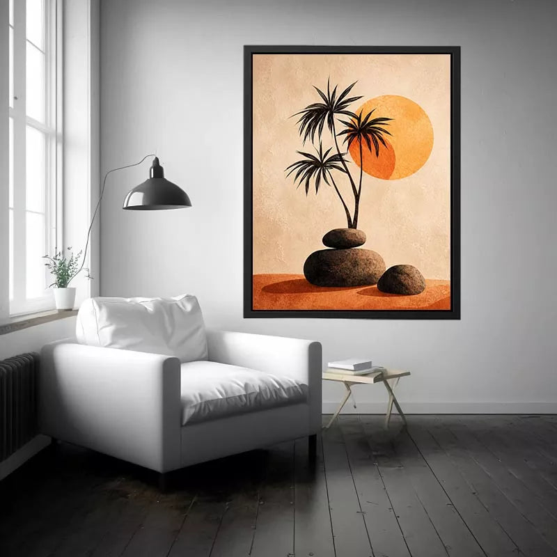 Minimalist desert sunset wall art with palm trees and stones, boho neutral decor for modern homes in California, Arizona, Dubai interiors