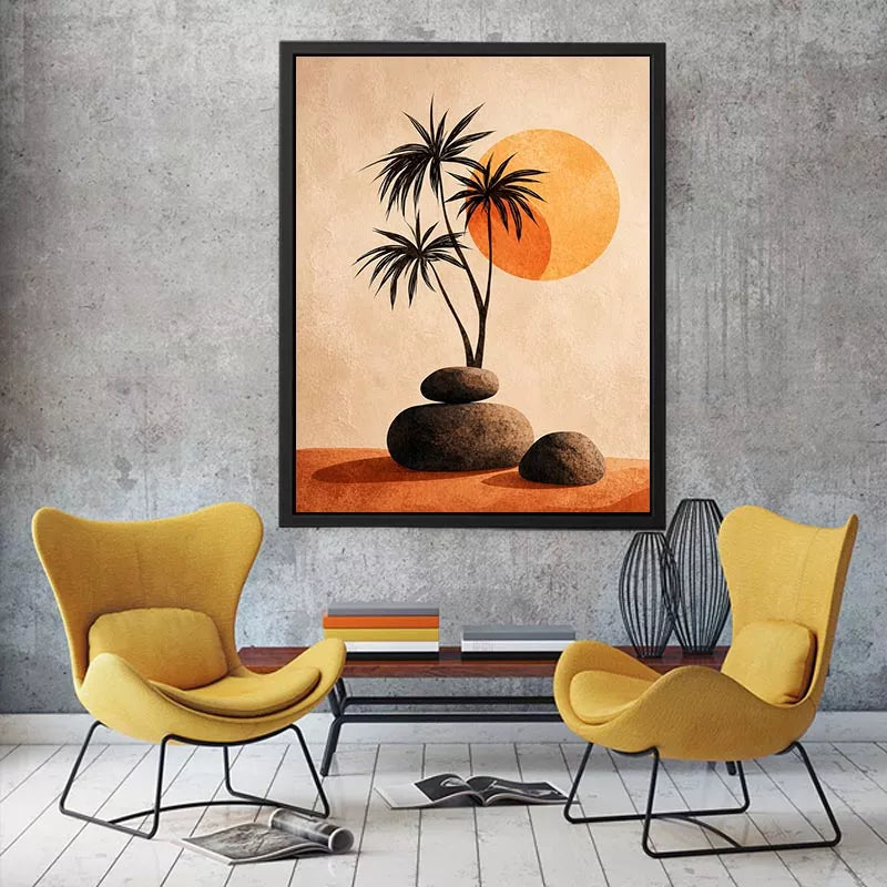 Minimalist desert sunset wall art with palm trees and stones, boho neutral decor for modern homes in California, Arizona, Dubai interiors