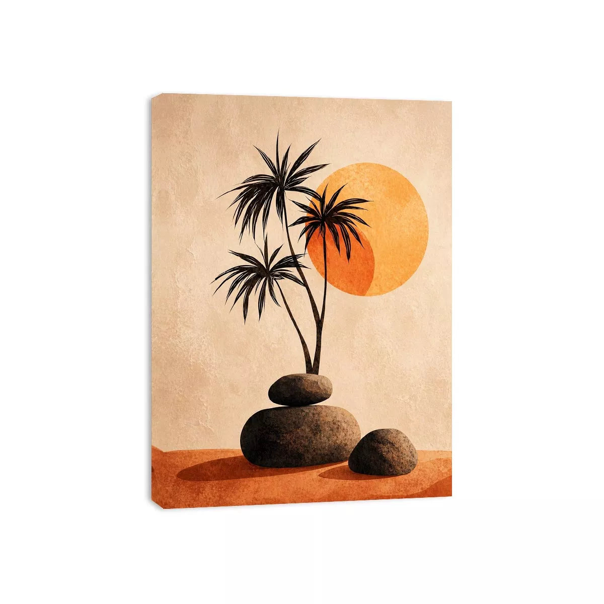 Minimalist desert sunset wall art with palm trees and stones, boho neutral decor for modern homes in California, Arizona, Dubai interiors