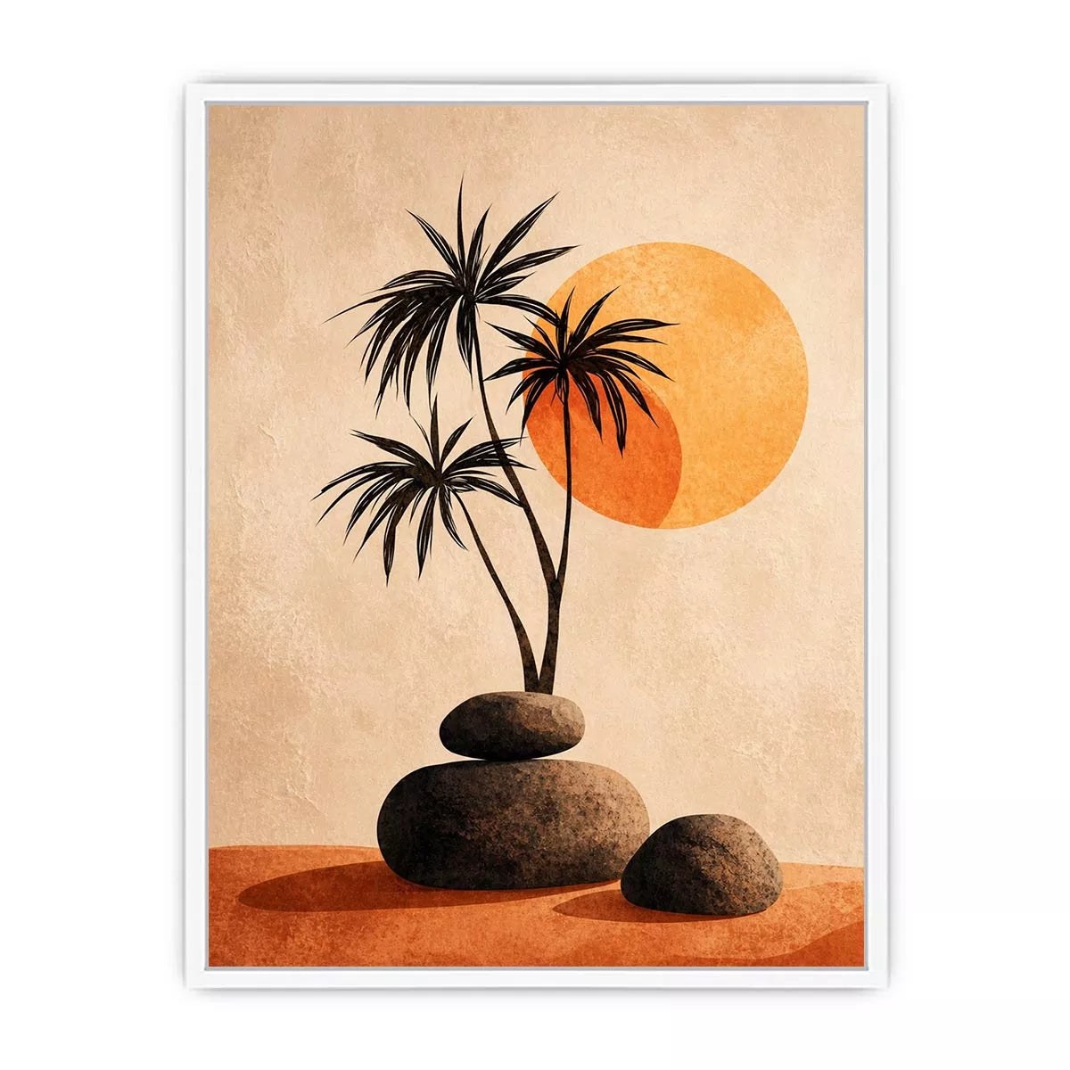 Minimalist desert sunset wall art with palm trees and stones, boho neutral decor for modern homes in California, Arizona, Dubai interiors