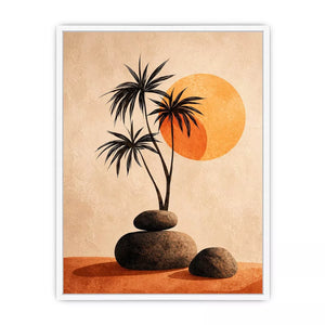 Minimalist desert sunset wall art with palm trees and stones, boho neutral decor for modern homes in California, Arizona, Dubai interiors