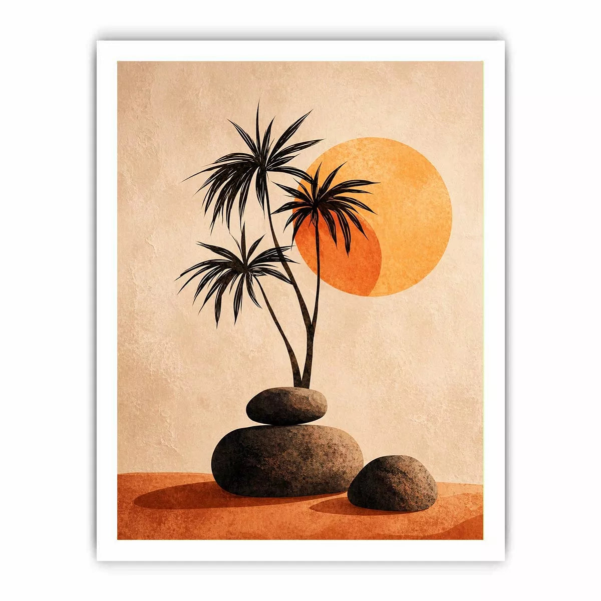 Minimalist desert sunset wall art with palm trees and stones, boho neutral decor for modern homes in California, Arizona, Dubai interiors