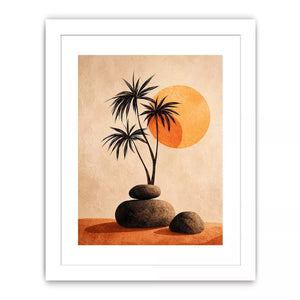 Minimalist desert sunset wall art with palm trees and stones, boho neutral decor for modern homes in California, Arizona, Dubai interiors