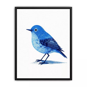 Minimalist blue bird illustration wall art with clean white background for modern homes in New York, London, Toronto interiors