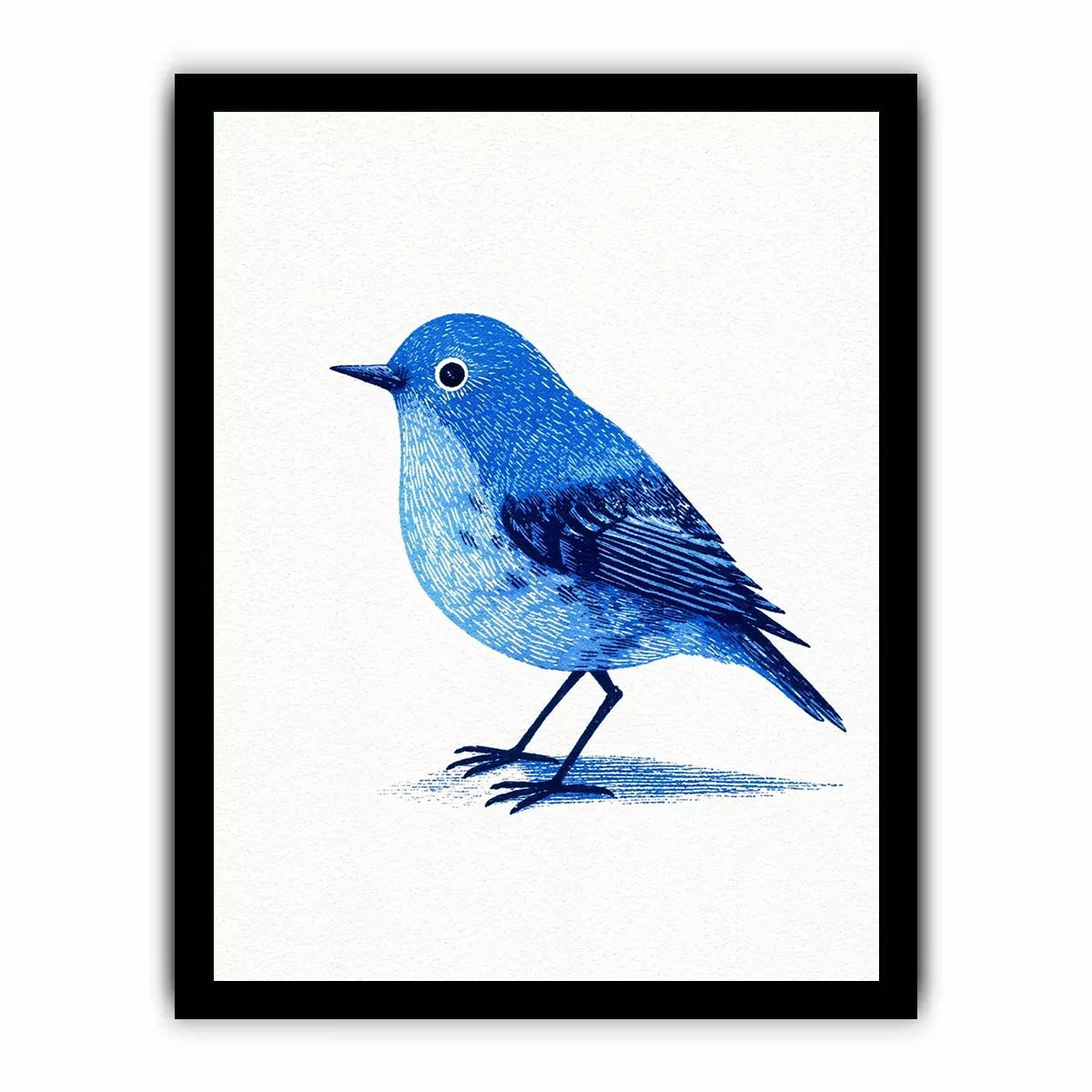 Minimalist blue bird illustration wall art with clean white background for modern homes in New York, London, Toronto interiors
