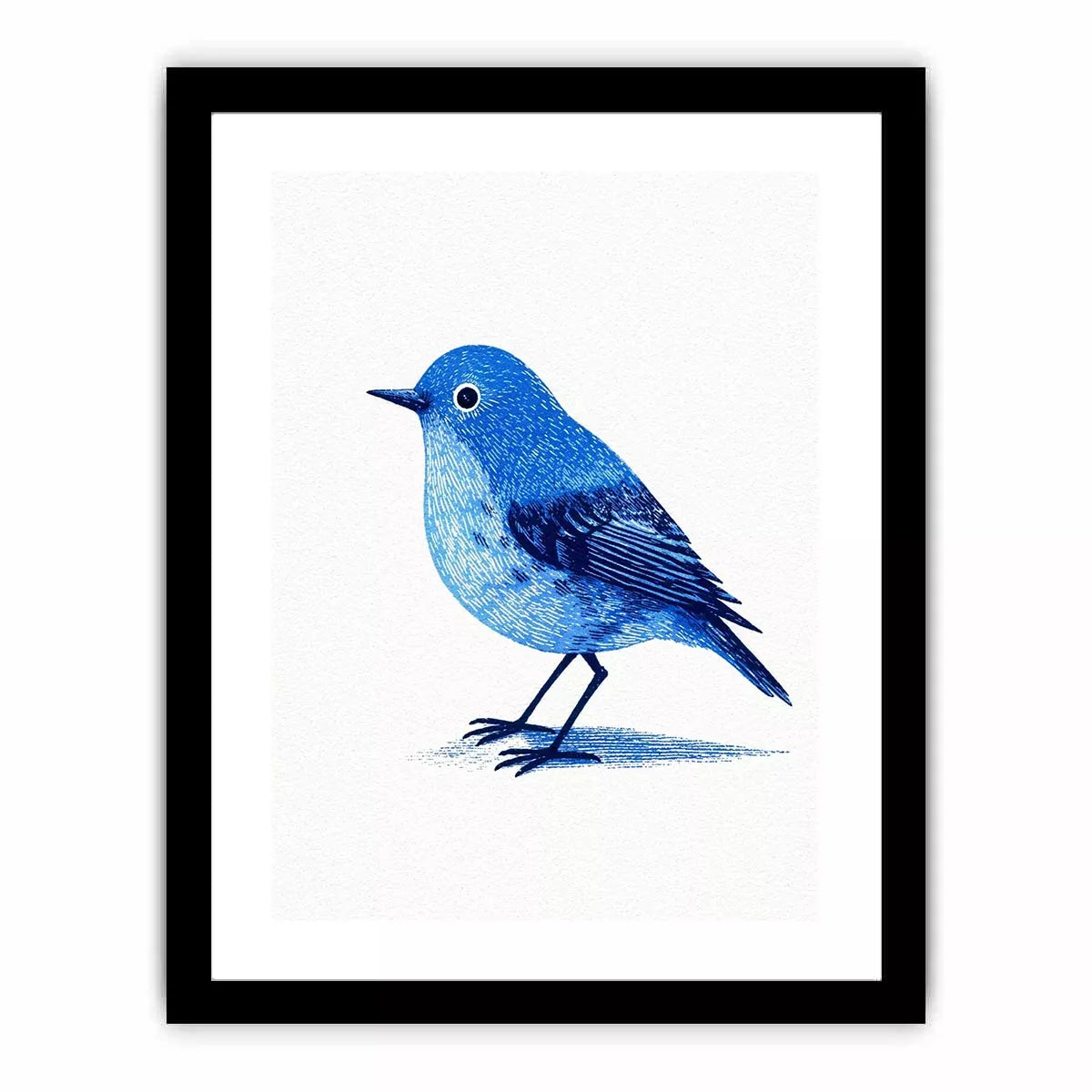 Minimalist blue bird illustration wall art with clean white background for modern homes in New York, London, Toronto interiors