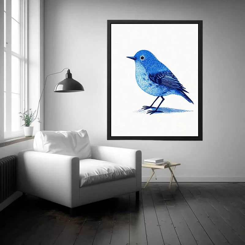 Minimalist blue bird illustration wall art with clean white background for modern homes in New York, London, Toronto interiors