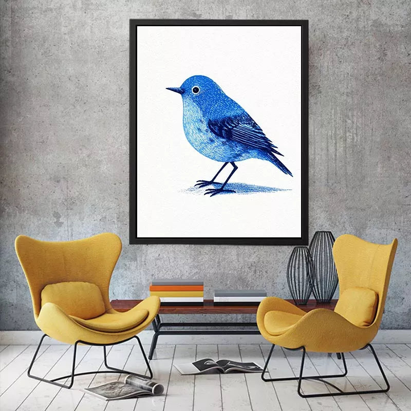 Minimalist blue bird illustration wall art with clean white background for modern homes in New York, London, Toronto interiors