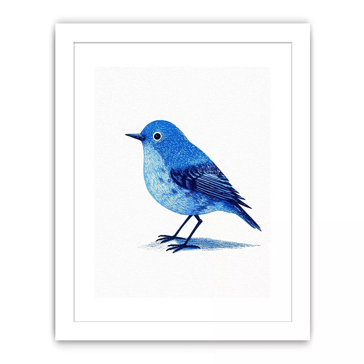 Minimalist blue bird illustration wall art with clean white background for modern homes in New York, London, Toronto interiors