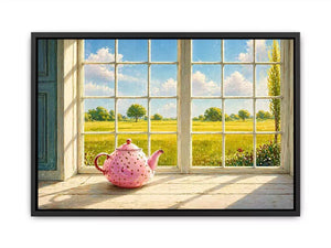 Sunlit window teapot painting with countryside view, cozy cottage kitchen wall art for homes in England, France, countryside interiors