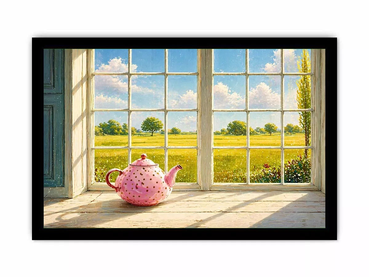 Sunlit window teapot painting with countryside view, cozy cottage kitchen wall art for homes in England, France, countryside interiors