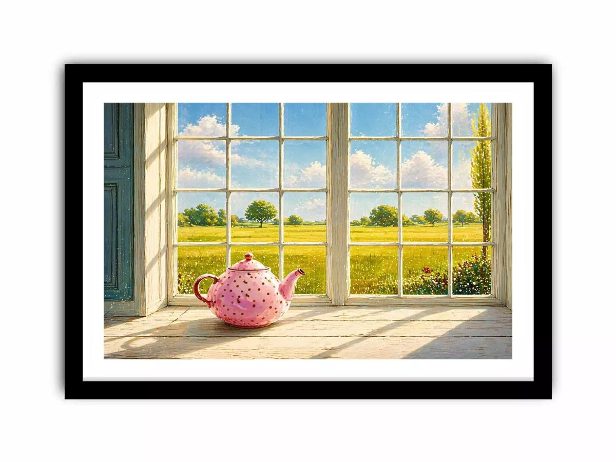 Sunlit window teapot painting with countryside view, cozy cottage kitchen wall art for homes in England, France, countryside interiors