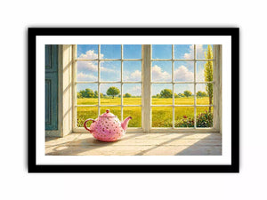 Sunlit window teapot painting with countryside view, cozy cottage kitchen wall art for homes in England, France, countryside interiors