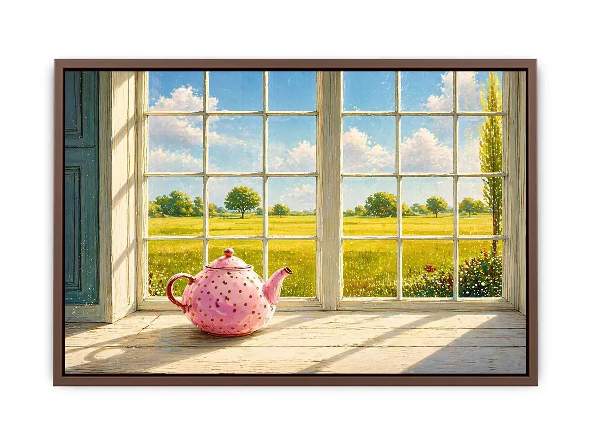 Sunlit window teapot painting with countryside view, cozy cottage kitchen wall art for homes in England, France, countryside interiors