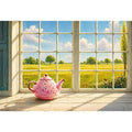 Sunlit window teapot painting with countryside view, cozy cottage kitchen wall art for homes in England, France, countryside interiors