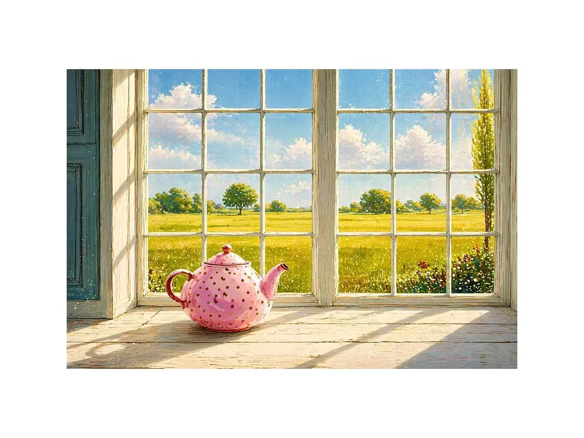 Sunlit window teapot painting with countryside view, cozy cottage kitchen wall art for homes in England, France, countryside interiors