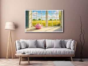 Sunlit window teapot painting with countryside view, cozy cottage kitchen wall art for homes in England, France, countryside interiors