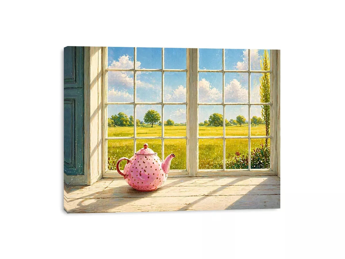 Sunlit window teapot painting with countryside view, cozy cottage kitchen wall art for homes in England, France, countryside interiors