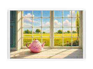 Sunlit window teapot painting with countryside view, cozy cottage kitchen wall art for homes in England, France, countryside interiors