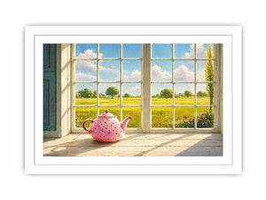 Sunlit window teapot painting with countryside view, cozy cottage kitchen wall art for homes in England, France, countryside interiors