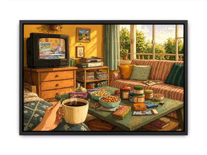 Cozy living room illustration with coffee cup and retro TV, aesthetic home decor for apartments in New York, Tokyo, London interiors
