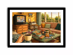 Cozy living room illustration with coffee cup and retro TV, aesthetic home decor for apartments in New York, Tokyo, London interiors