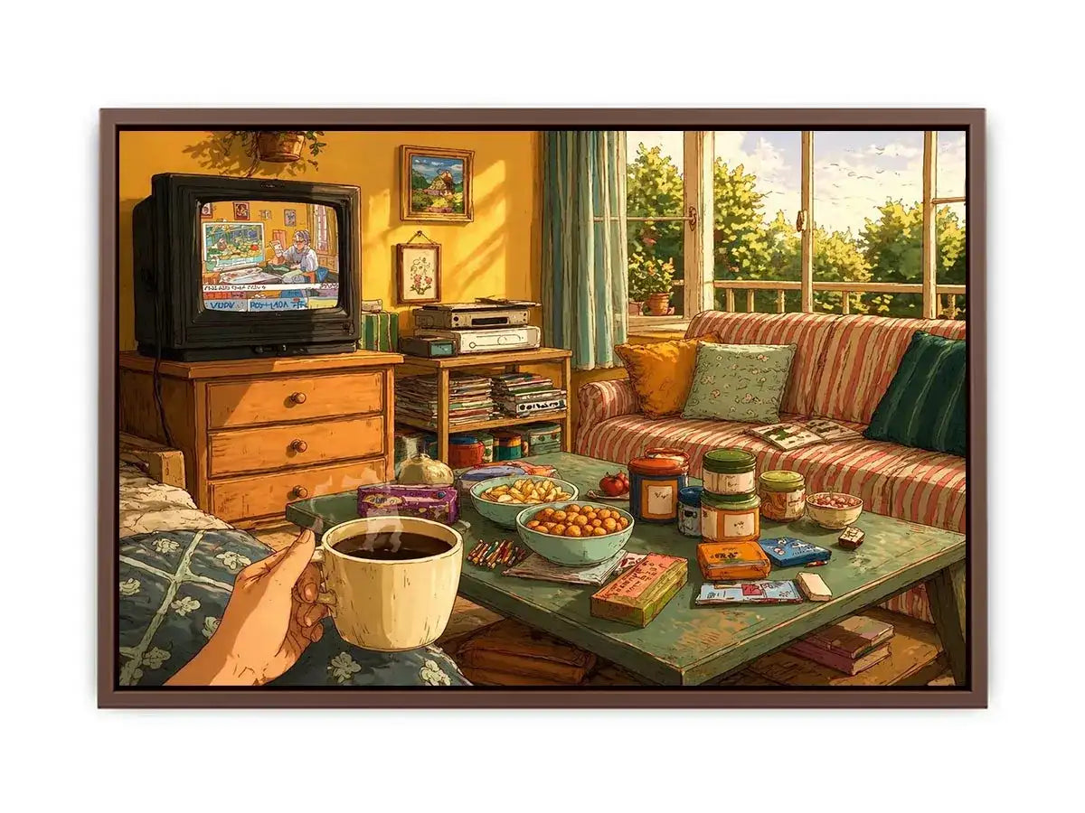 Cozy living room illustration with coffee cup and retro TV, aesthetic home decor for apartments in New York, Tokyo, London interiors