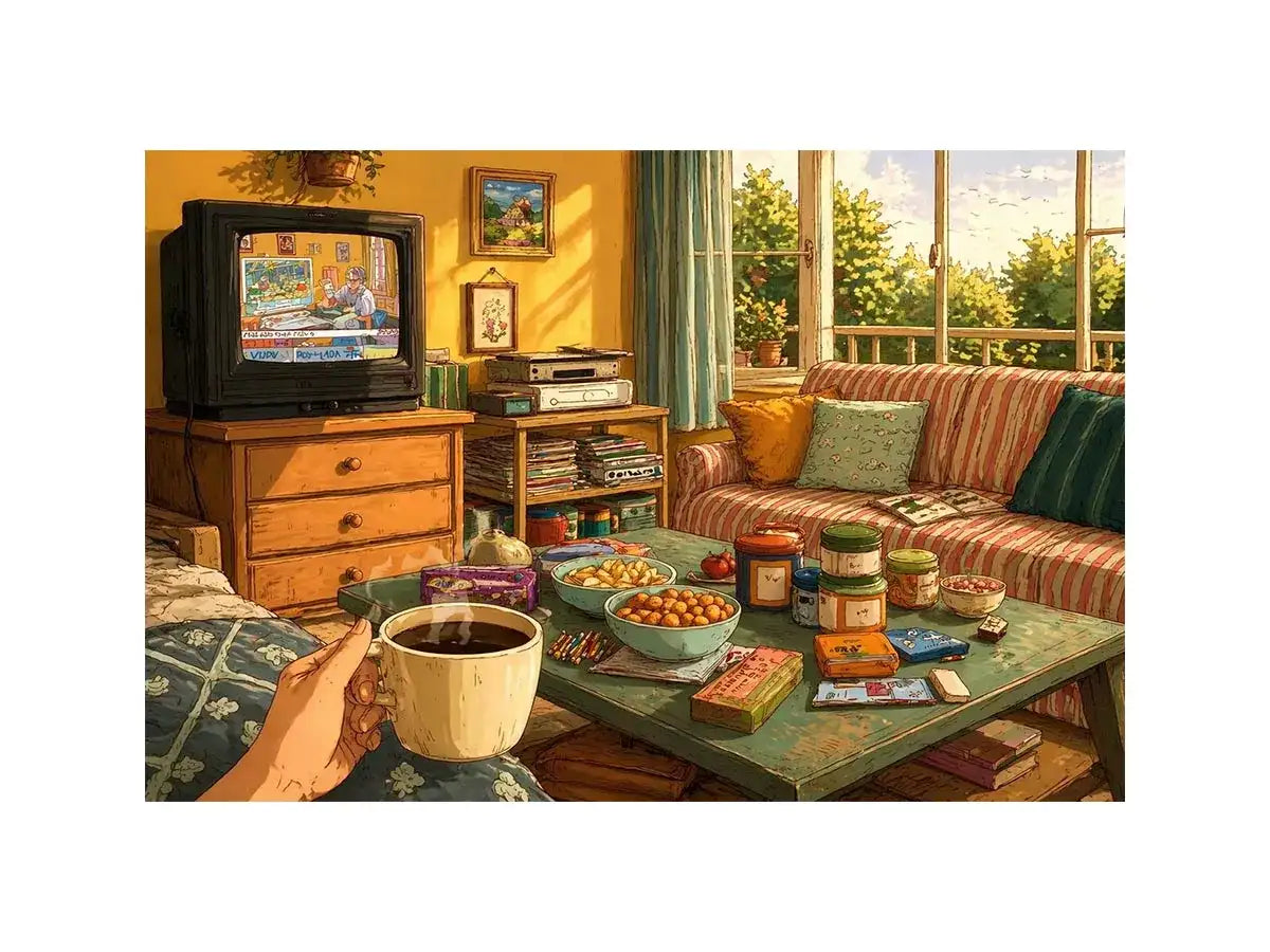 Cozy living room illustration with coffee cup and retro TV, aesthetic home decor for apartments in New York, Tokyo, London interiors