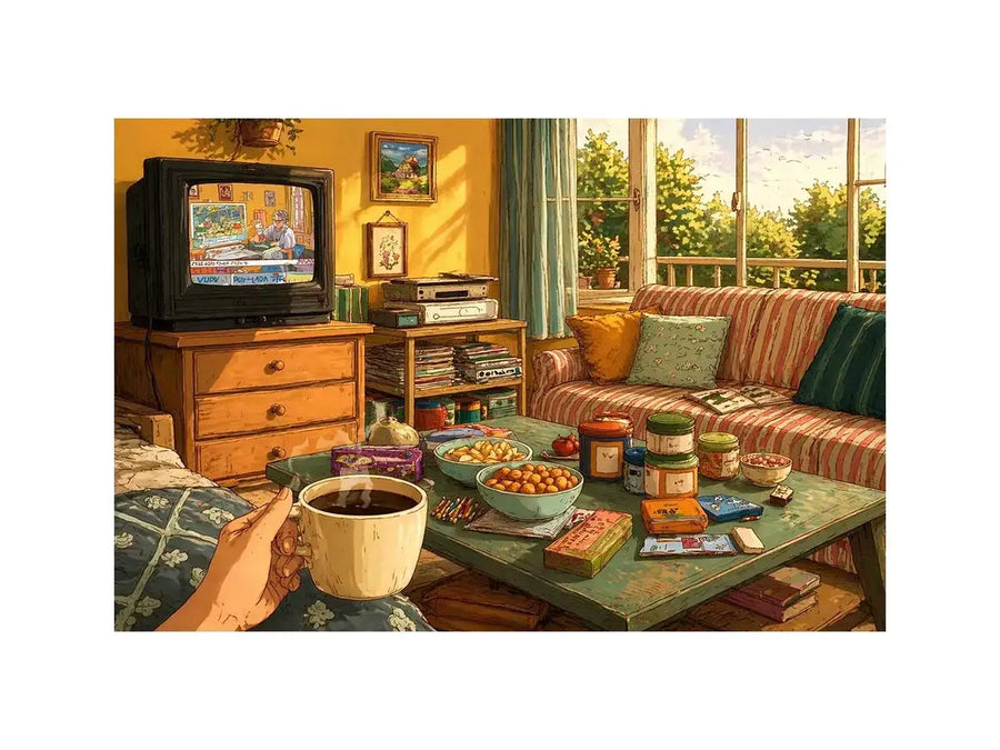 Cozy living room illustration with coffee cup and retro TV, aesthetic home decor for apartments in New York, Tokyo, London interiors