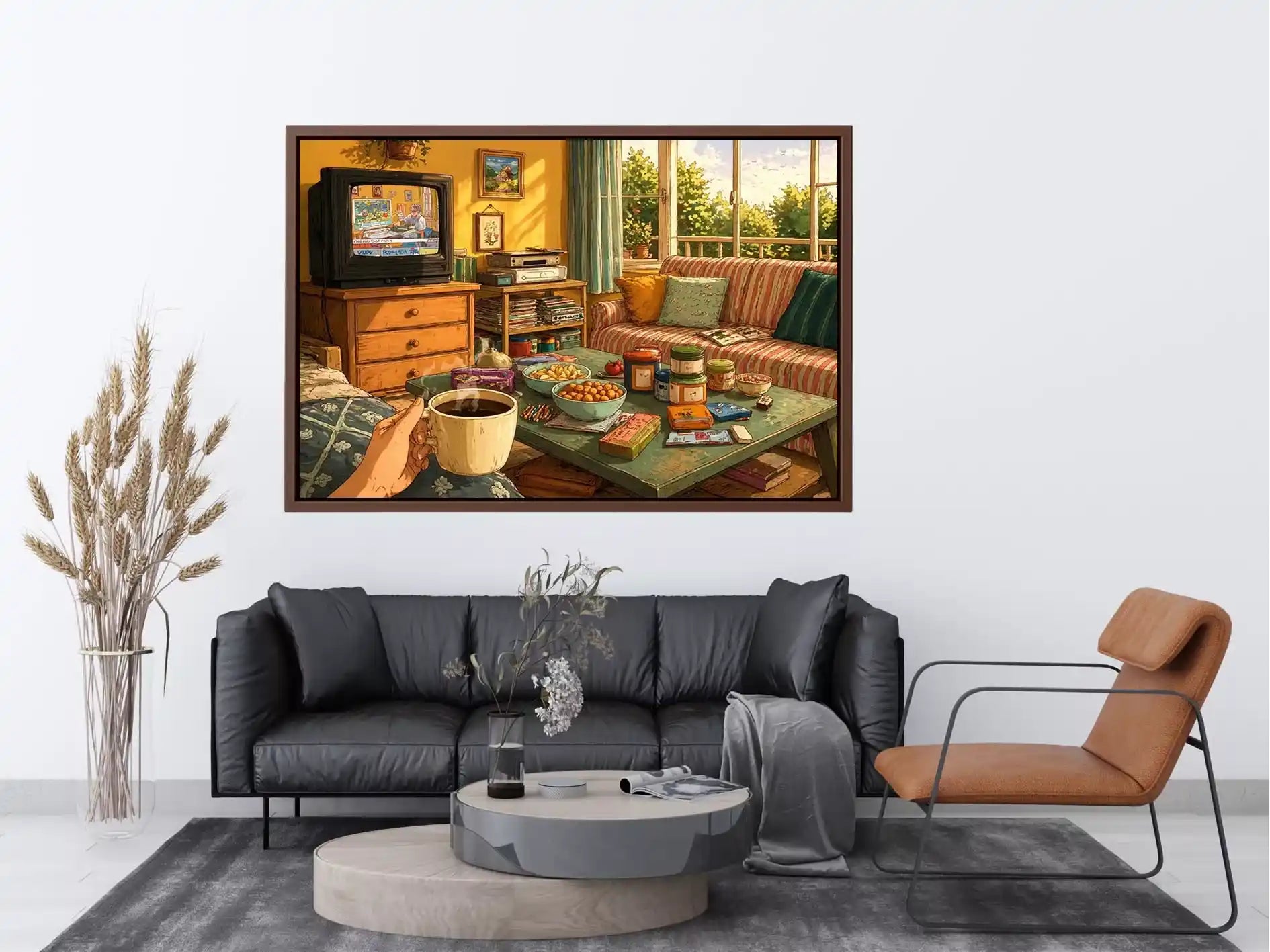 Cozy living room illustration with coffee cup and retro TV, aesthetic home decor for apartments in New York, Tokyo, London interiors