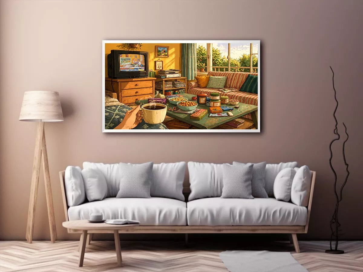 Cozy living room illustration with coffee cup and retro TV, aesthetic home decor for apartments in New York, Tokyo, London interiors