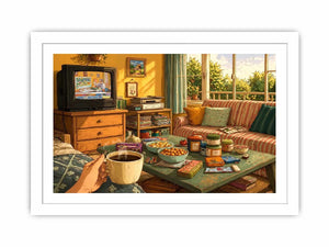 Cozy living room illustration with coffee cup and retro TV, aesthetic home decor for apartments in New York, Tokyo, London interiors