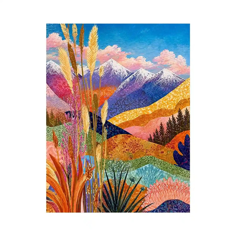Colorful abstract mountain landscape wall art with florals, modern decor for homes in California, Paris, Sydney interiors