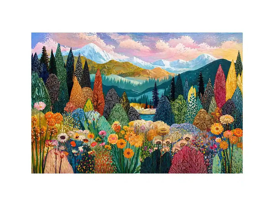 Colorful forest meadow landscape wall art with mountains and flowers, modern decor for homes in California, Vancouver, Switzerland interiors