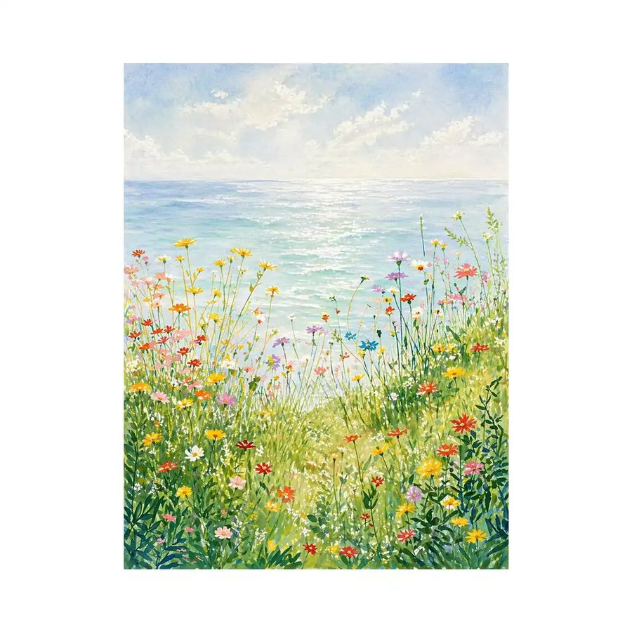 Soft wildflower meadow landscape wall art with pastel tones, calming decor for homes in Provence, California, Tuscany interiors