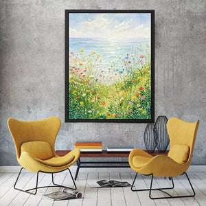 Soft wildflower meadow landscape wall art with pastel tones, calming decor for homes in Provence, California, Tuscany interiors