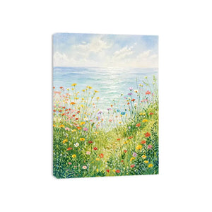 Soft wildflower meadow landscape wall art with pastel tones, calming decor for homes in Provence, California, Tuscany interiors