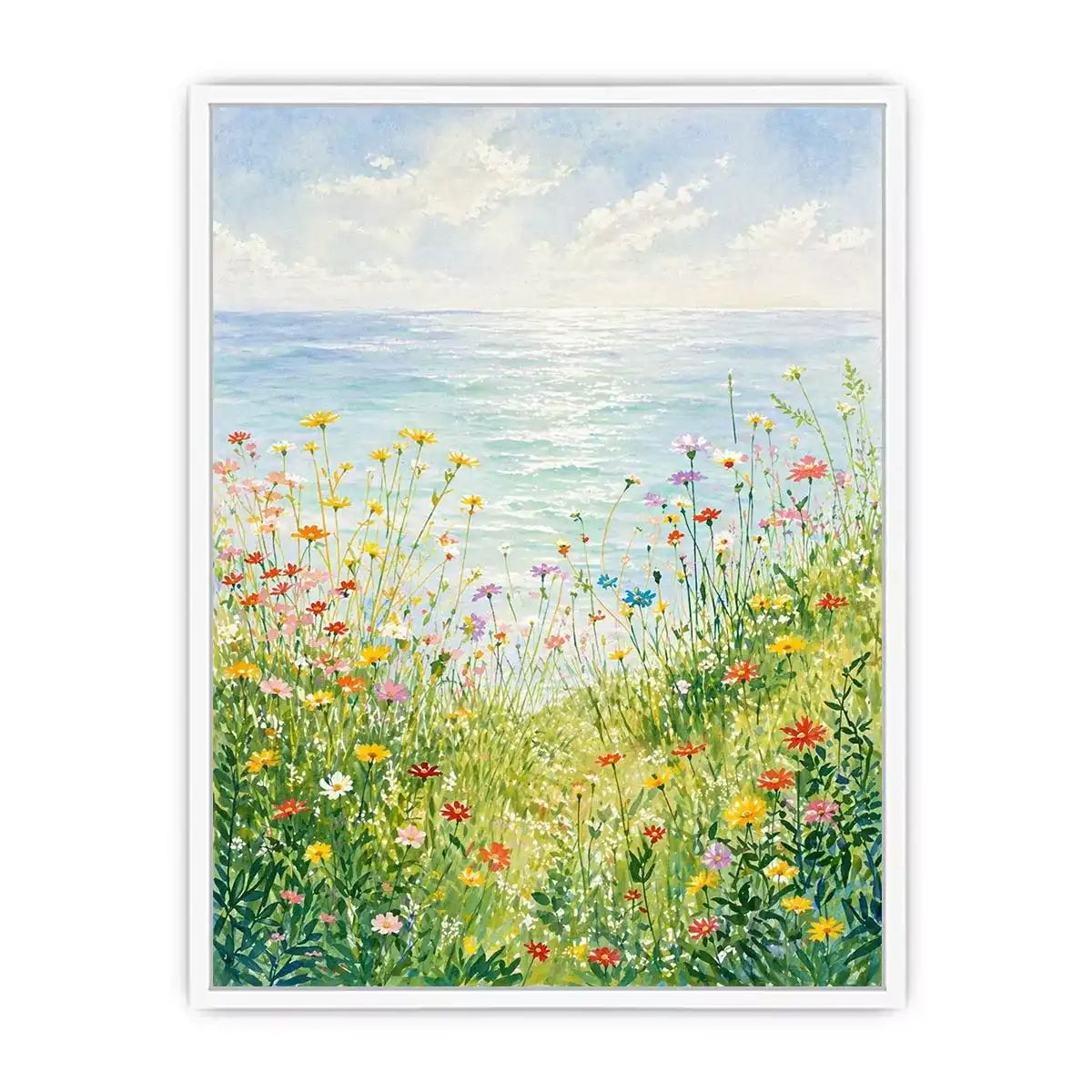 Soft wildflower meadow landscape wall art with pastel tones, calming decor for homes in Provence, California, Tuscany interiors