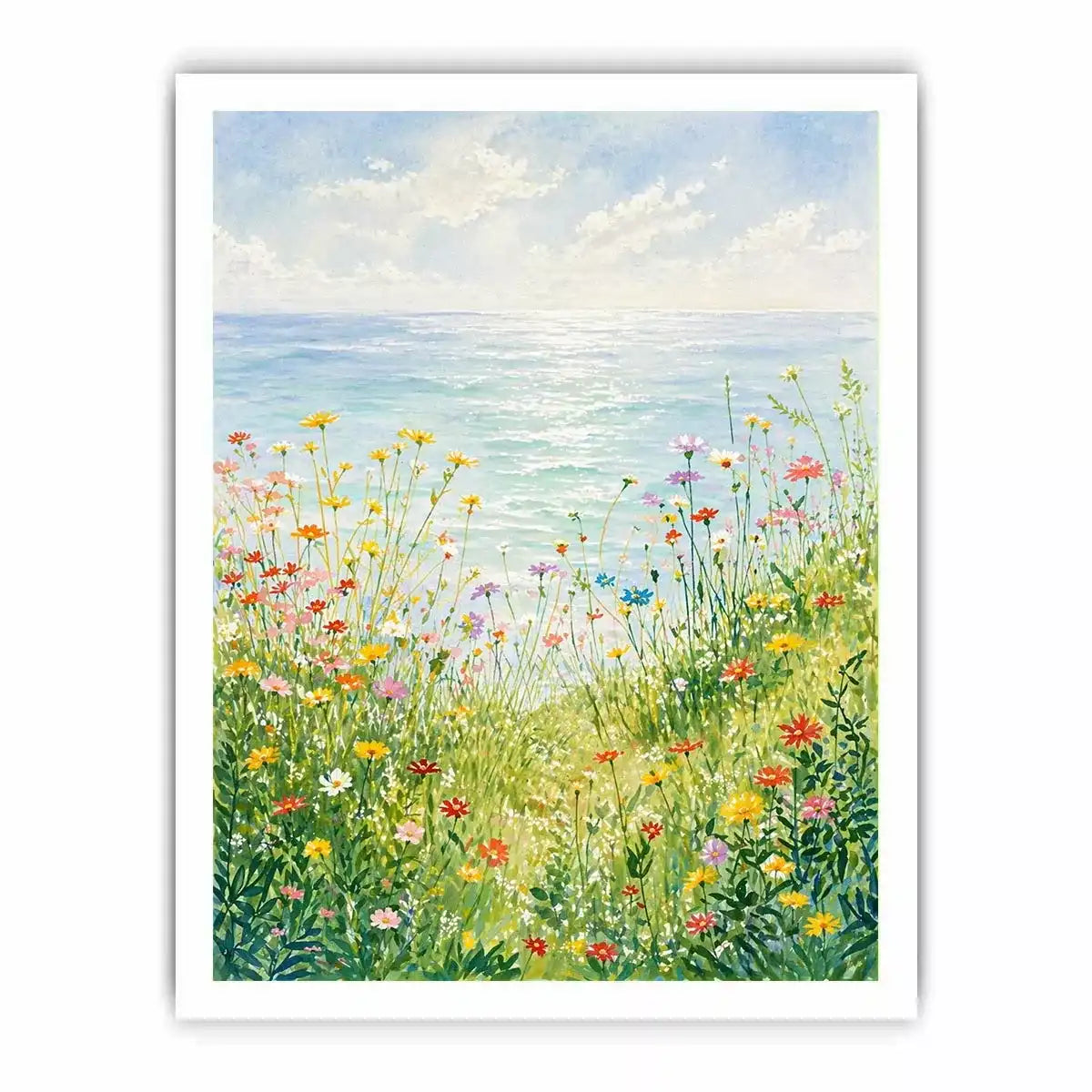 Soft wildflower meadow landscape wall art with pastel tones, calming decor for homes in Provence, California, Tuscany interiors