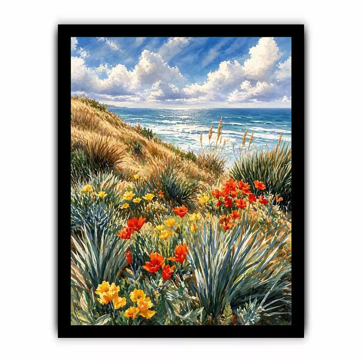 Coastal wildflower ocean landscape wall art, serene beach decor for homes in California, Amalfi Coast, Australia interiors