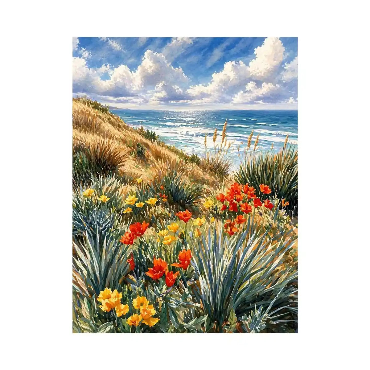 Coastal wildflower ocean landscape wall art, serene beach decor for homes in California, Amalfi Coast, Australia interiors