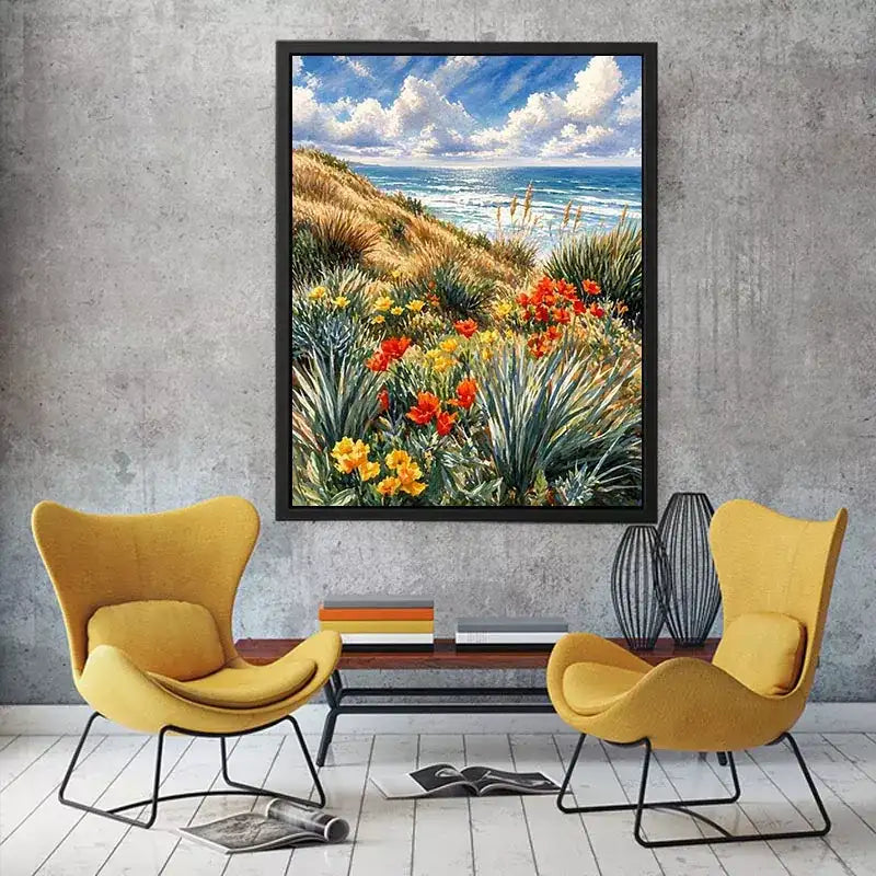 Coastal wildflower ocean landscape wall art, serene beach decor for homes in California, Amalfi Coast, Australia interiors