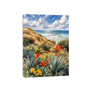 Coastal wildflower ocean landscape wall art, serene beach decor for homes in California, Amalfi Coast, Australia interiors