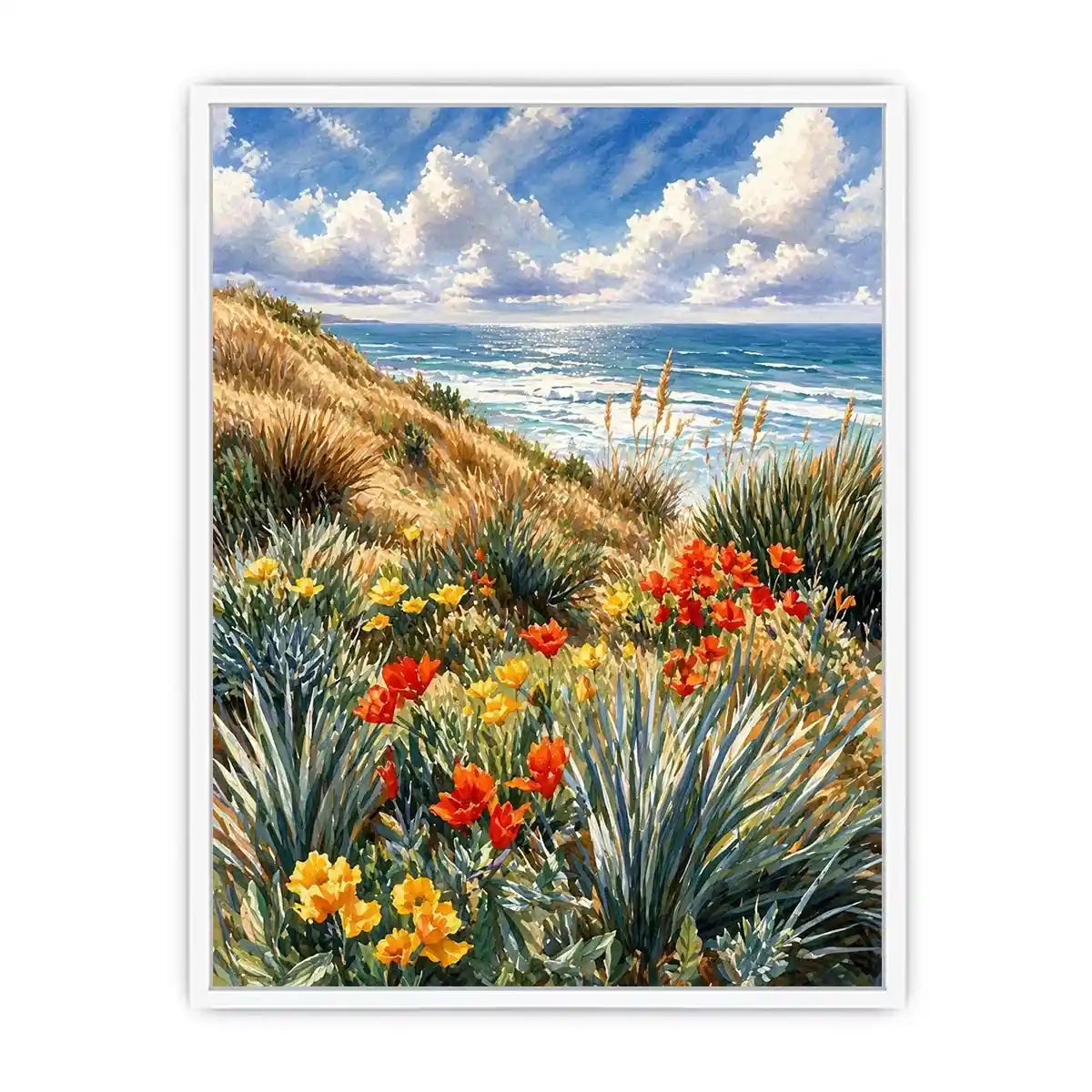 Coastal wildflower ocean landscape wall art, serene beach decor for homes in California, Amalfi Coast, Australia interiors