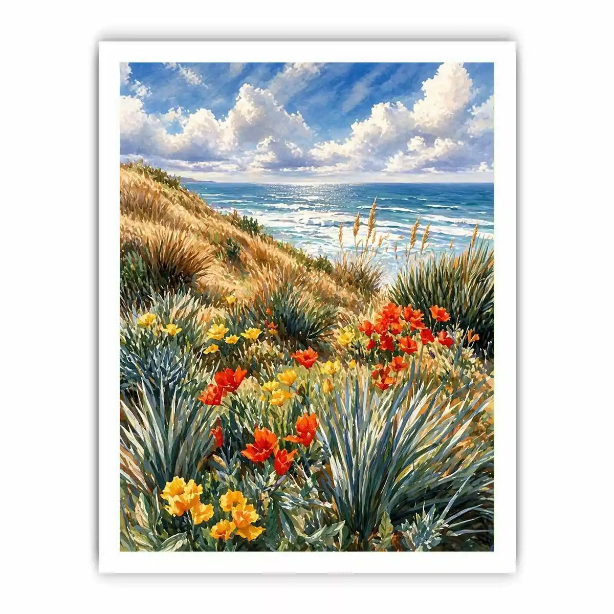 Coastal wildflower ocean landscape wall art, serene beach decor for homes in California, Amalfi Coast, Australia interiors