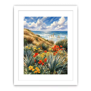 Coastal wildflower ocean landscape wall art, serene beach decor for homes in California, Amalfi Coast, Australia interiors