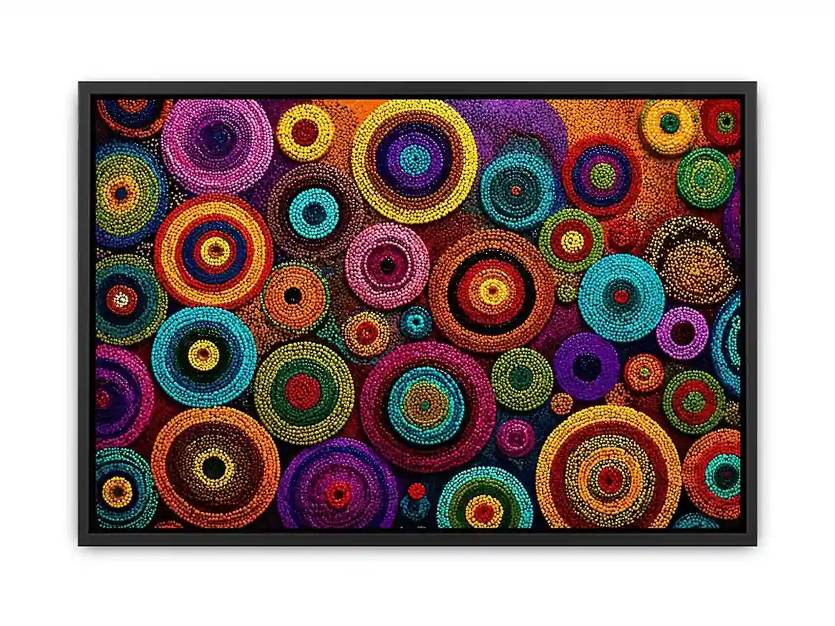Colorful abstract dot pattern circles wall art, modern geometric canvas decor for homes in New York, London, Dubai interiors