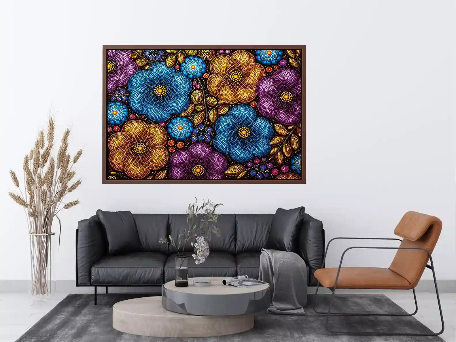 Colorful abstract floral dot pattern wall art, modern bold canvas decor for homes in New York, London, Dubai interiors