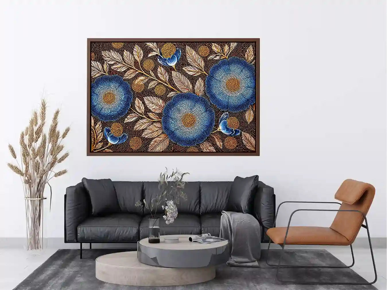 Blue floral dot pattern botanical wall art, modern elegant decor for homes in Paris, London, New York interiors